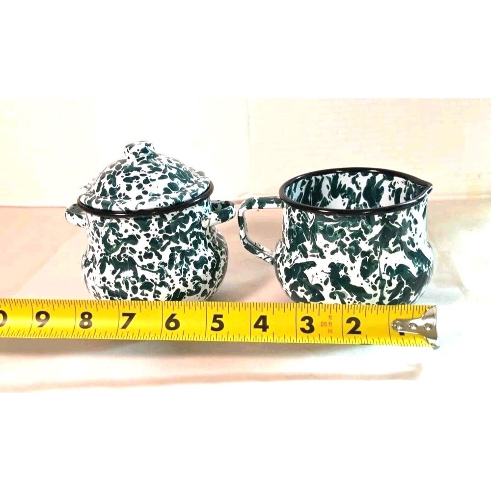 Vintage 6 Pc. Green & White Swirl Enamelware Set Coffee Pot Tray Sugar Creamer - Picture 9 of 11
